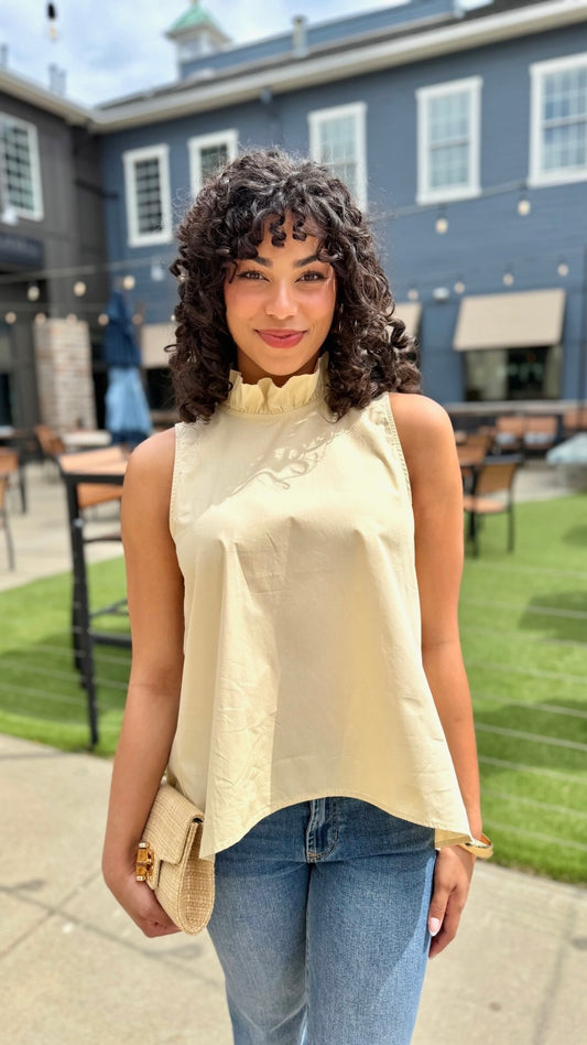 Ruffle Neck Tie Back Top - Latte