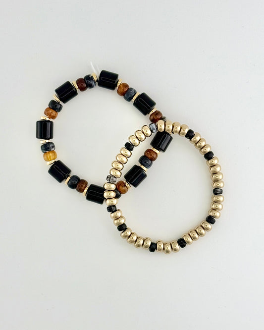 Set Of 2 Black & Gold Stretch Bracelet
