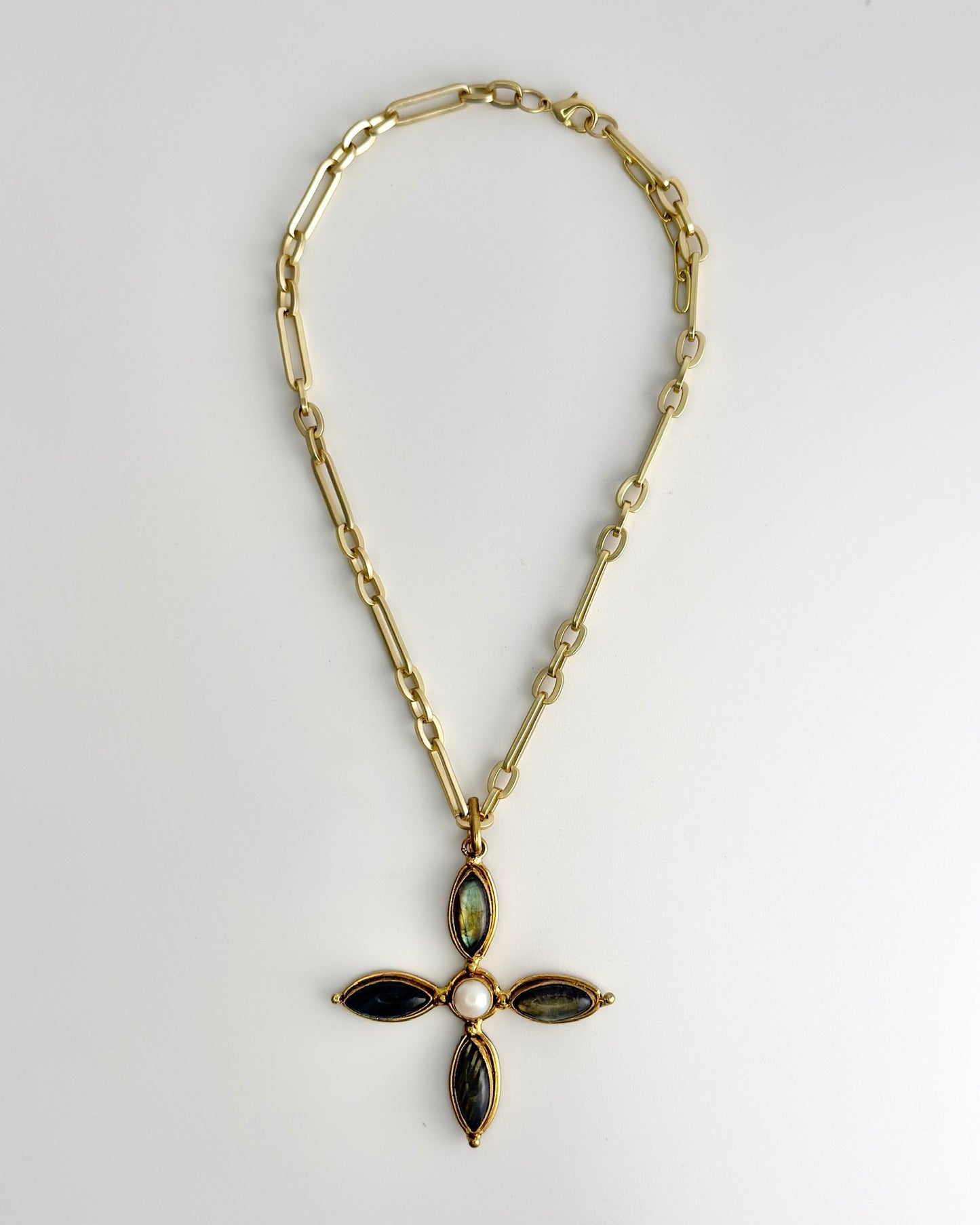 Gold Stone & Pearl Cross Necklace