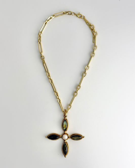 Gold Stone & Pearl Cross Necklace