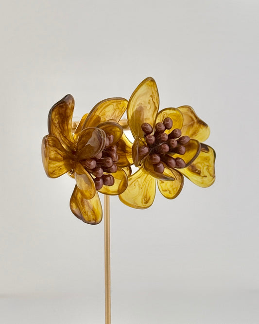 Resin Flower Statement Earrings - Brown