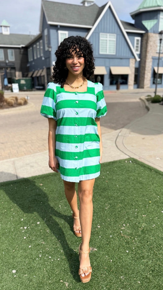 Tatum Stripe Dress - Green & Sky Blue