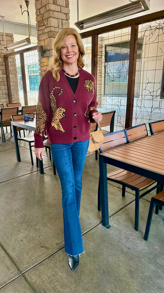 Wild Tiger Knit Cardigan - Burgundy