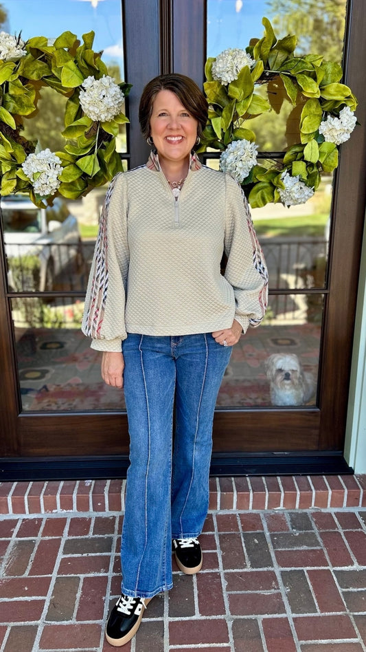 Vienna Quilted Quarter Zip - Beige & Plaid