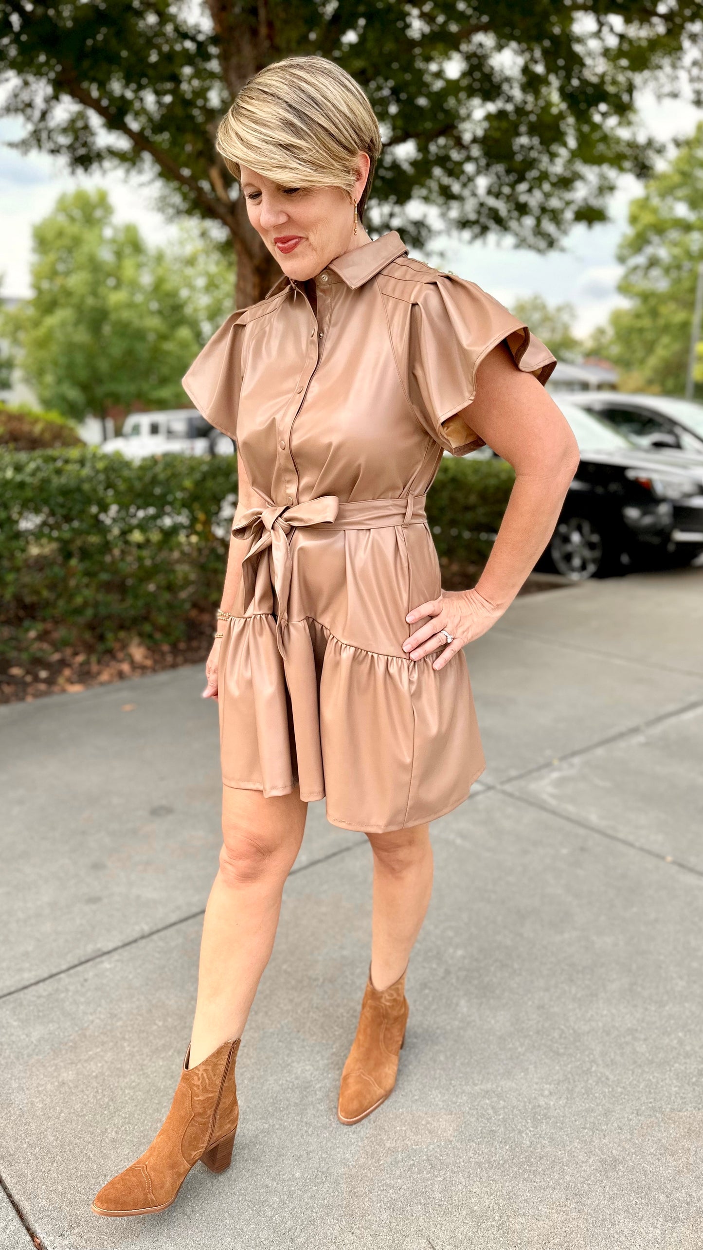 Flirty Faux Leather Tiered Button Dress - Tan