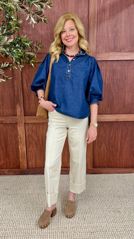 Ashley Gold Button Top - Dark Denim