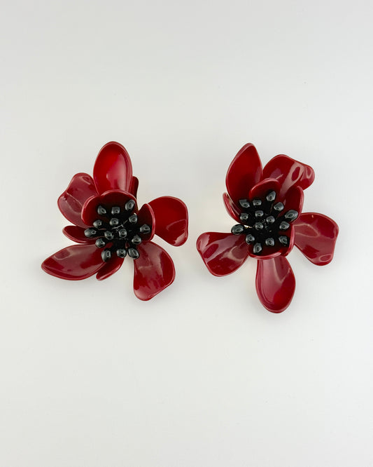 Resin Flower Statement Earrings - Red