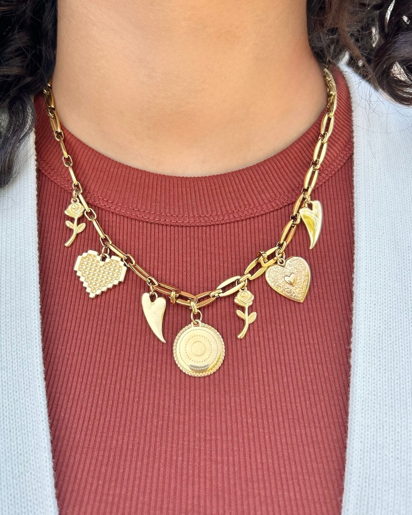Gold Roses & Hearts Charm Necklace