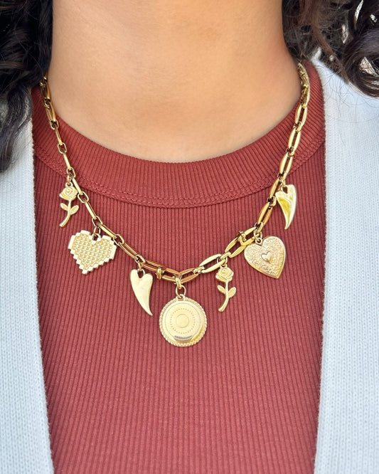 Gold Roses & Hearts Charm Necklace