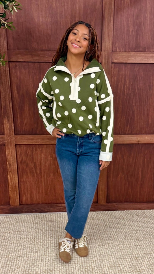 Polka Dot Zip Neck Pullover - Olive