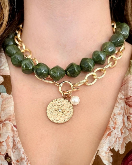 Marble Pebble Stone Necklace - Olive