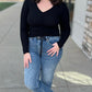 Bobi Shirred Tie V-Neck Ribbed Top - Black