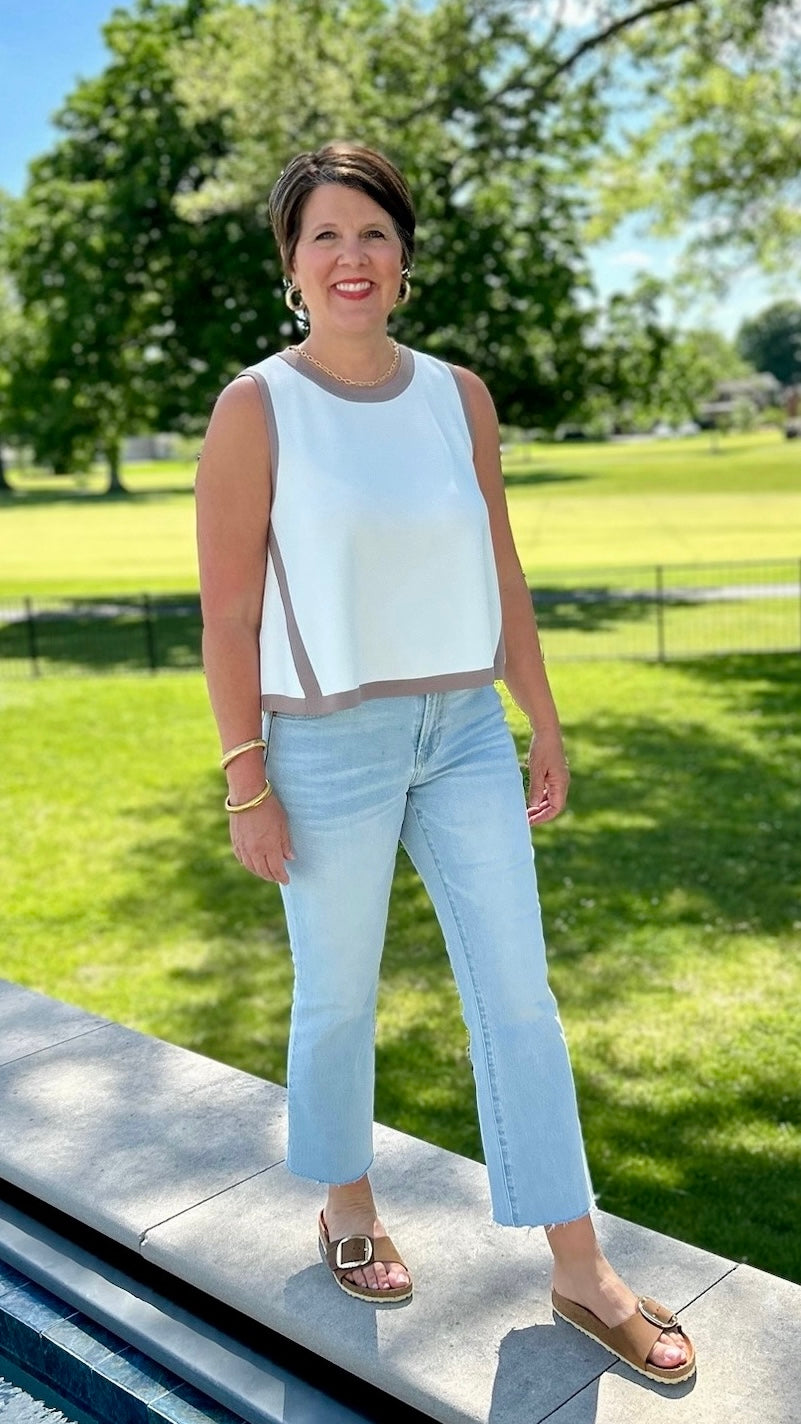 Natasha Sleeveless Top - Ivory with Toffee Trim