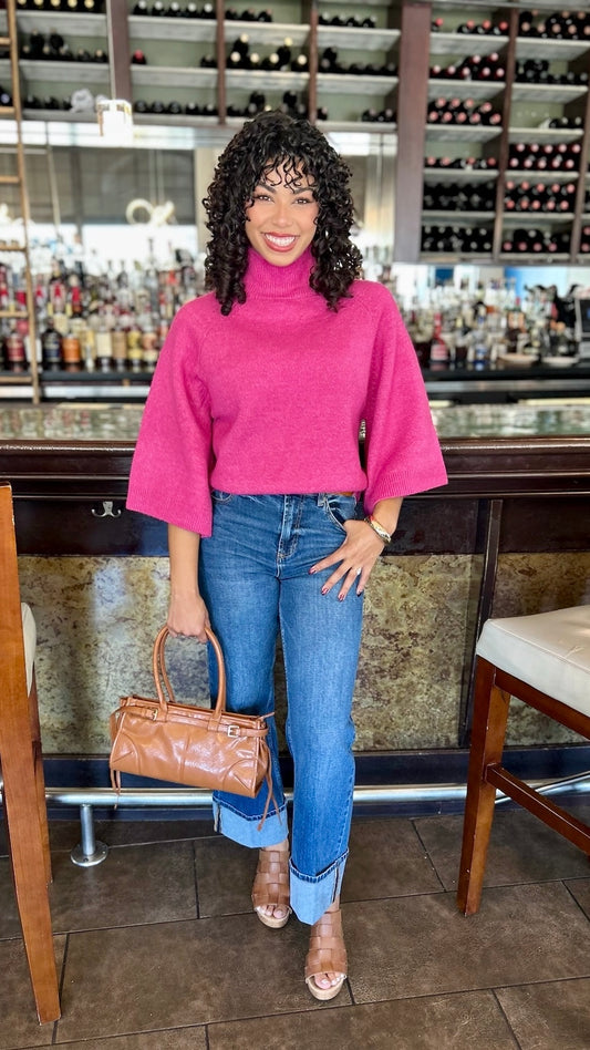 Wide Sleeve Turtleneck Sweater - Fuchsia