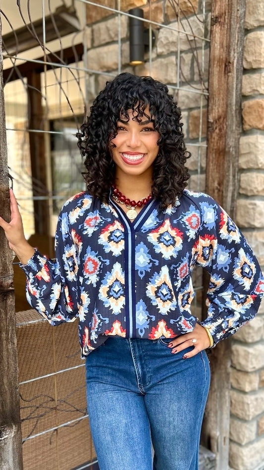 Celine Mix Print Top - Navy