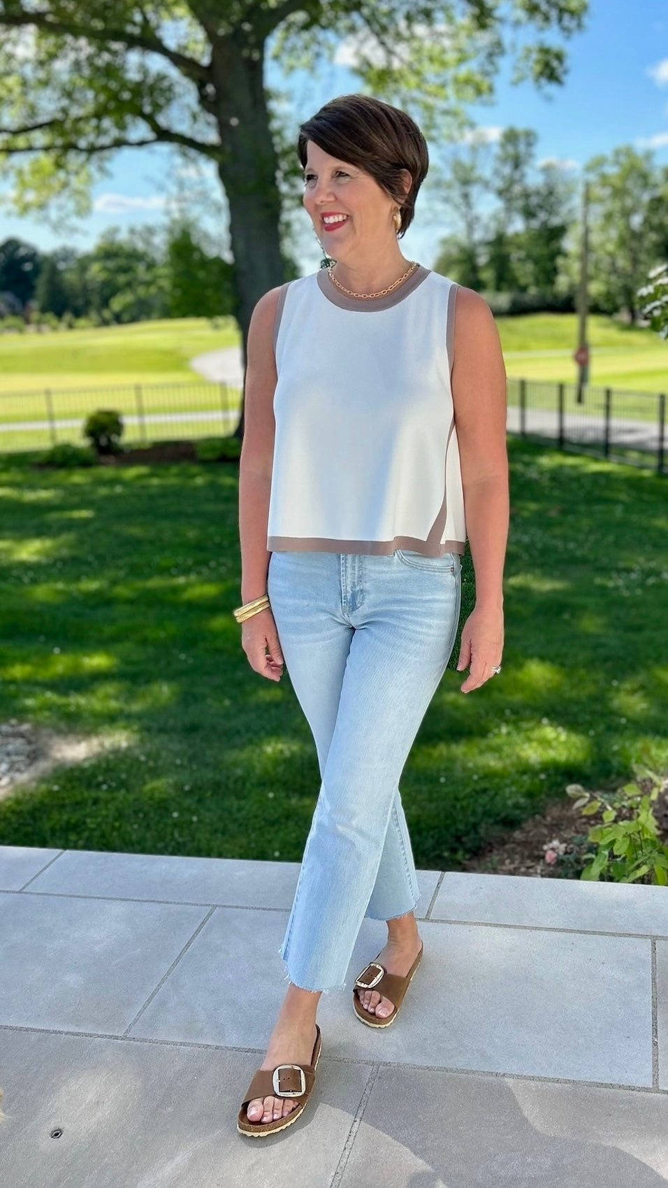 Natasha Sleeveless Top - Ivory with Toffee Trim