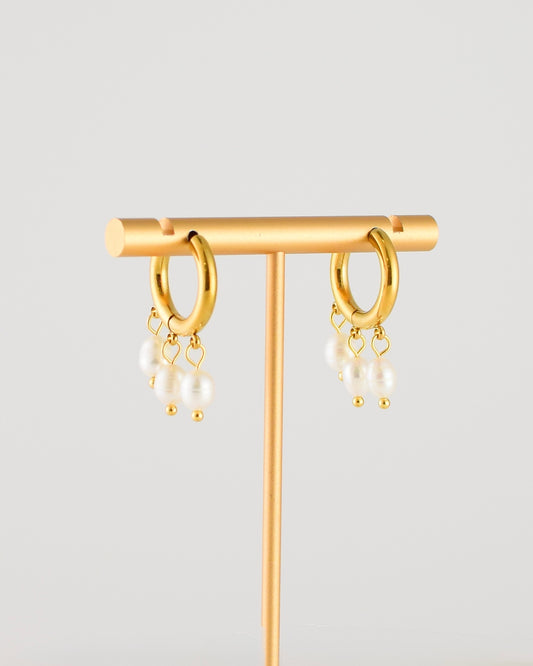 Triple Pearl Charm Huggie Earrings