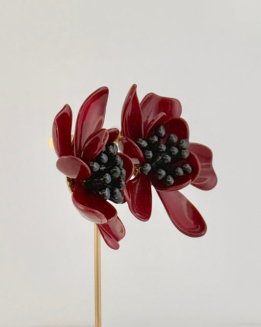 Resin Flower Statement Earrings - Red