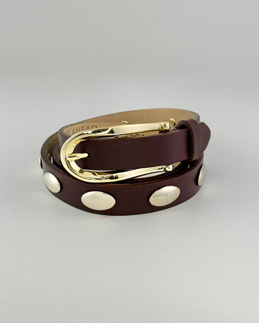 Coffee Leather Belt With Silver Oval Studs