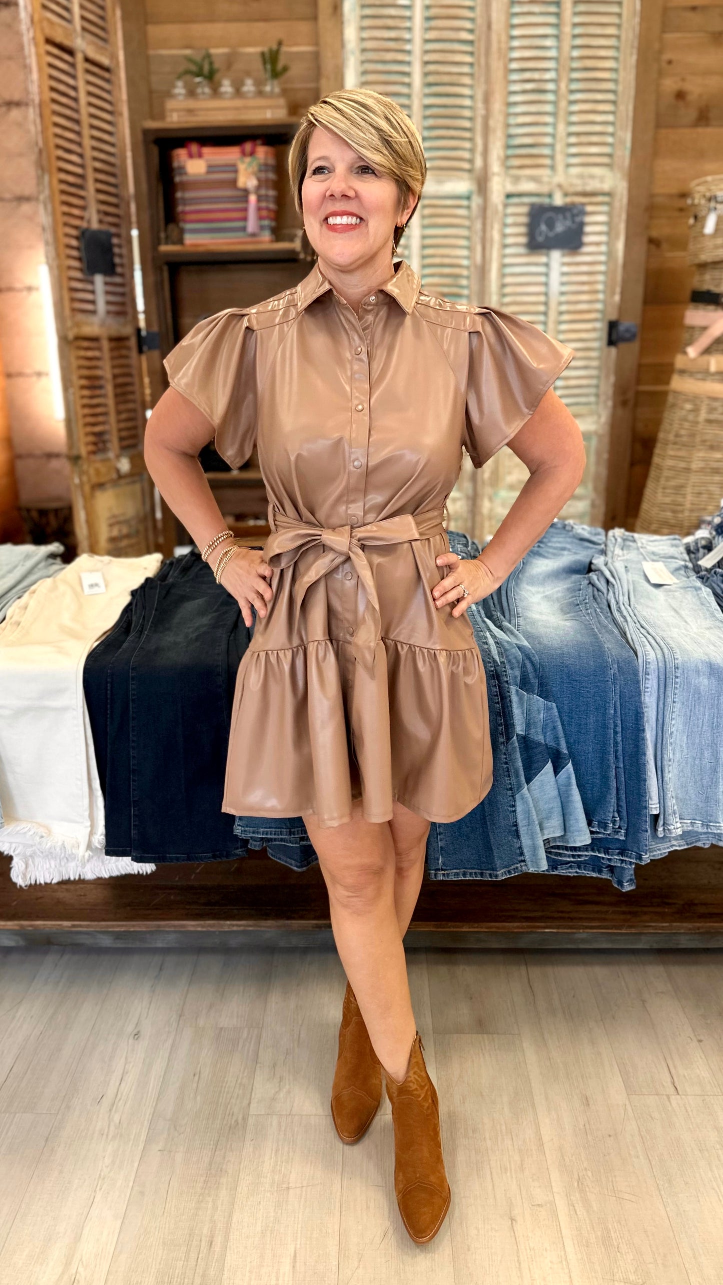Flirty Faux Leather Tiered Button Dress - Tan