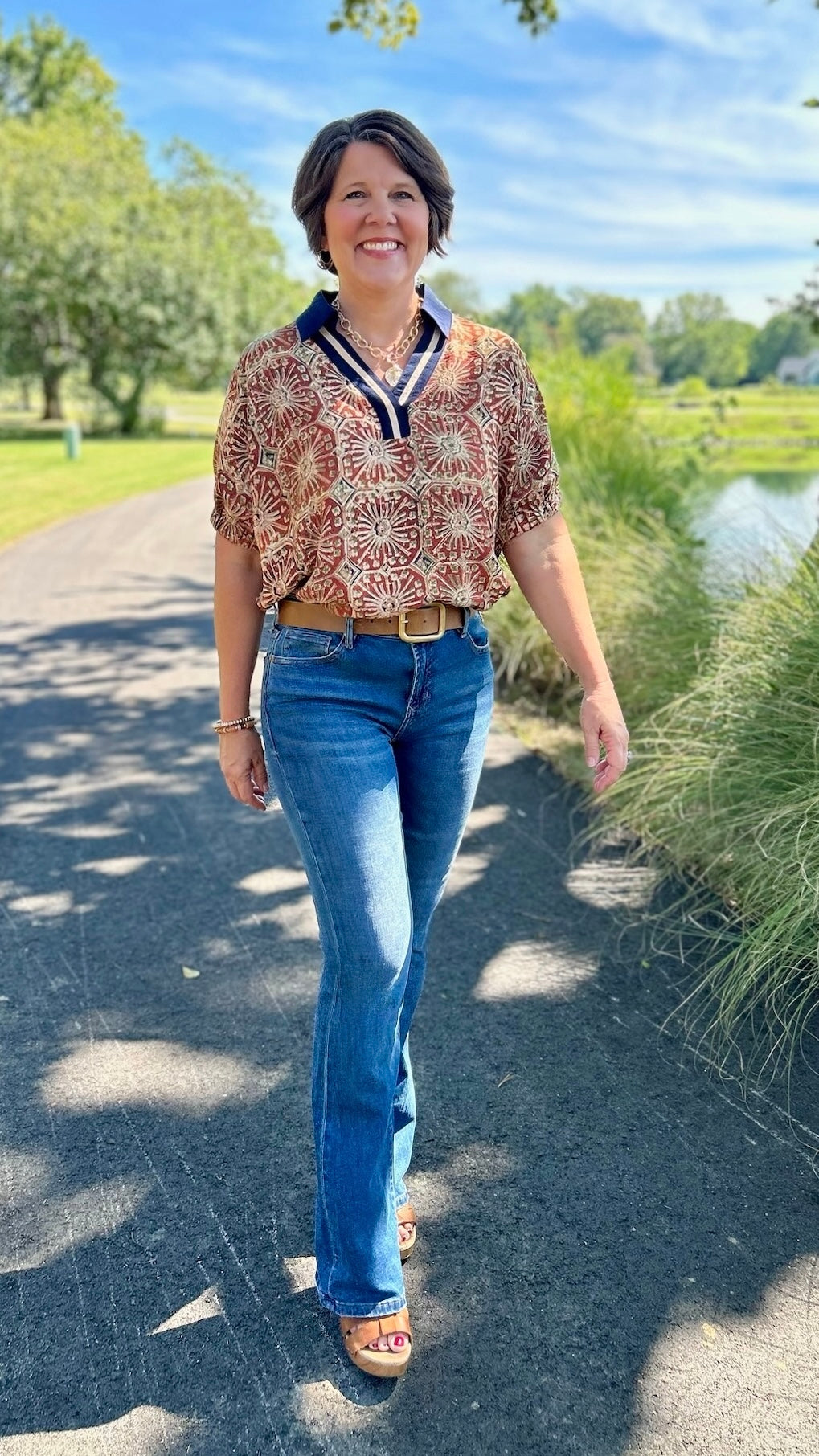 Celeste Collared Top - Navy & Terra Cotta