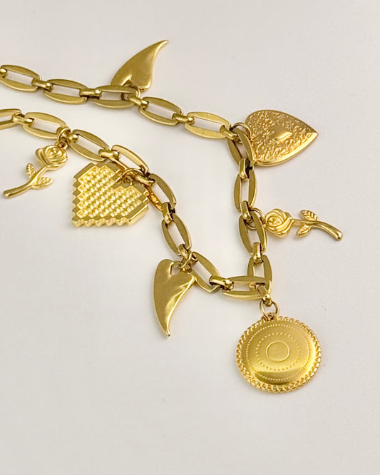 Gold Roses & Hearts Charm Necklace