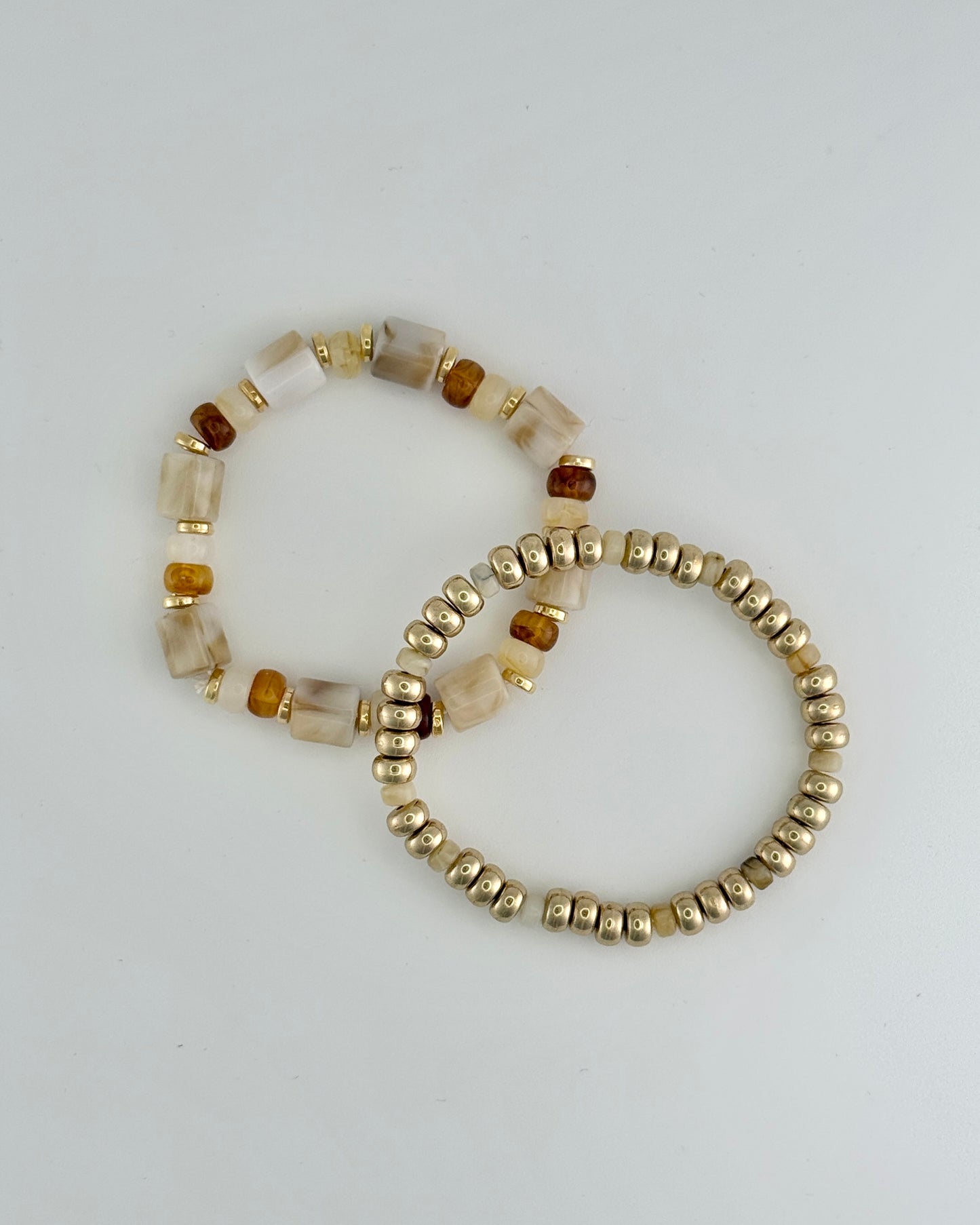 Set of 2 Beige & Gold Stretch Bracelet