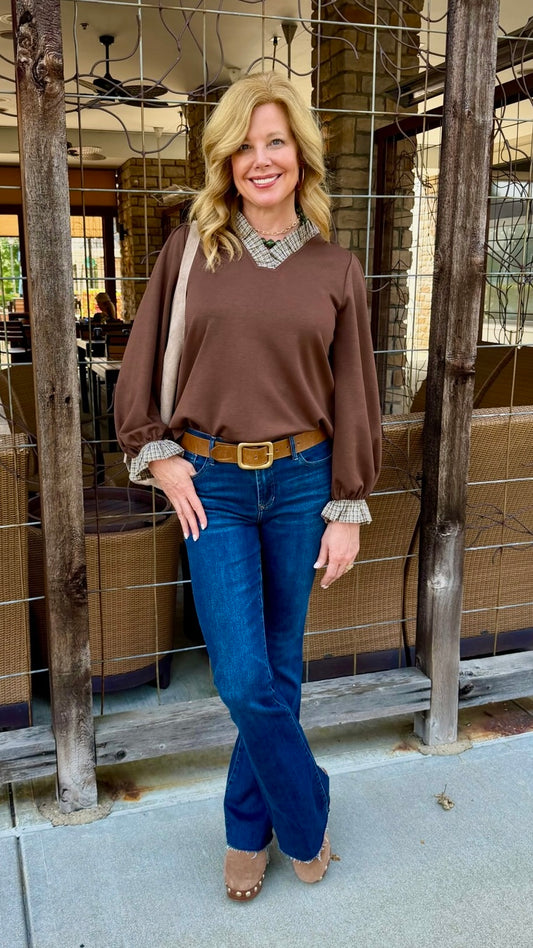 Ines Long Sleeve Top With Plaid Neck - Brown