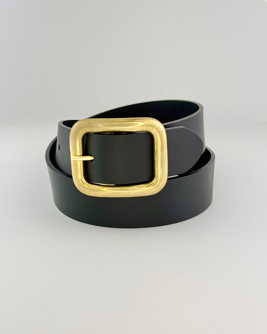 Black Leather Belt - Light Gold Buckle