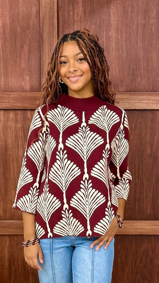 Rosaline Abstract Mock Neck Sweater - Burgundy