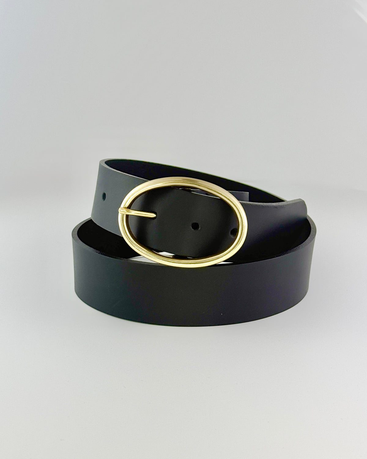 Black Leather Belt - Gold Oval Buckle