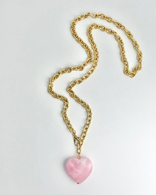 Long Oval Link W/Pink Heart Stone
