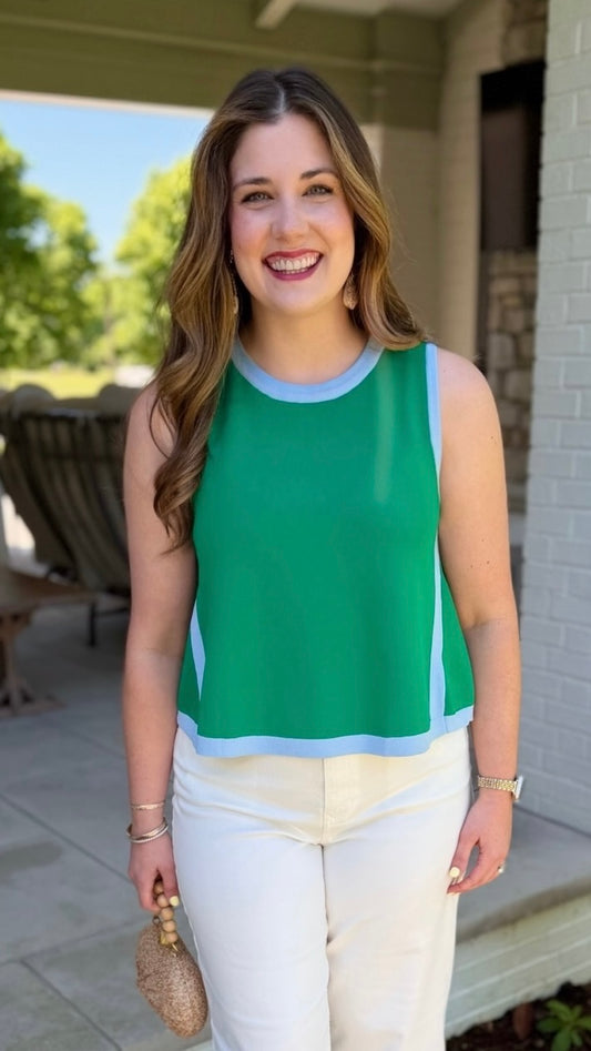 Natasha Sleeveless Top - Green with Blue Trim