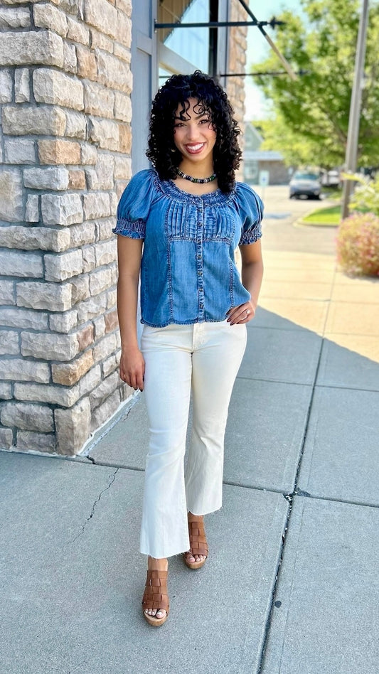 Ivy Jane Denim Ruffled Neck Top