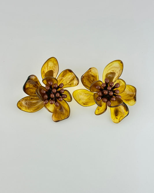 Resin Flower Statement Earrings - Brown
