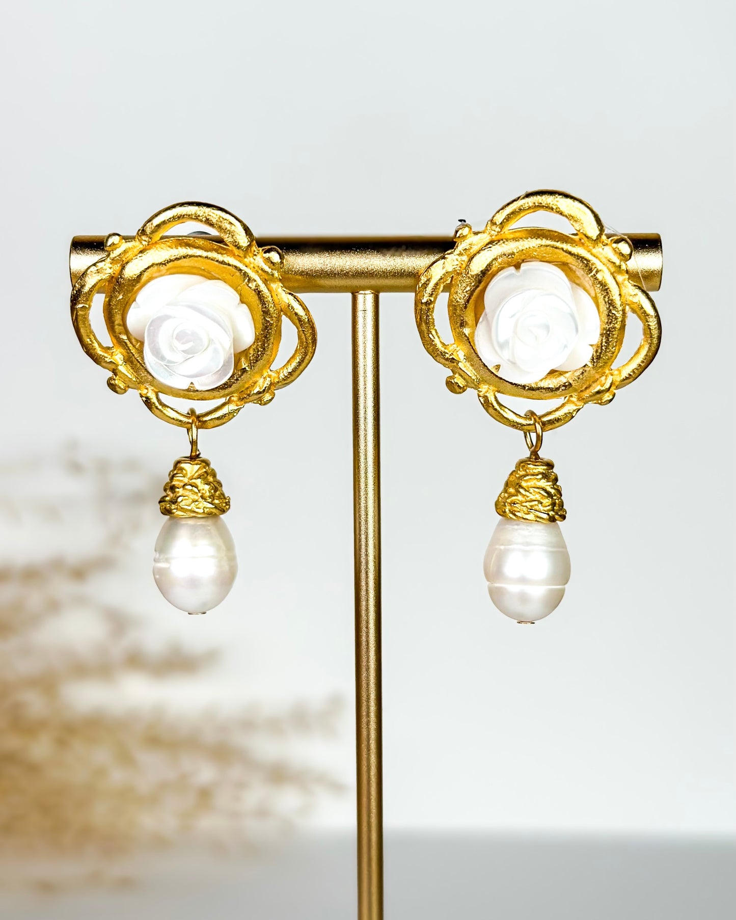 Susan Shaw White Rose & Pearl Drop Earrings