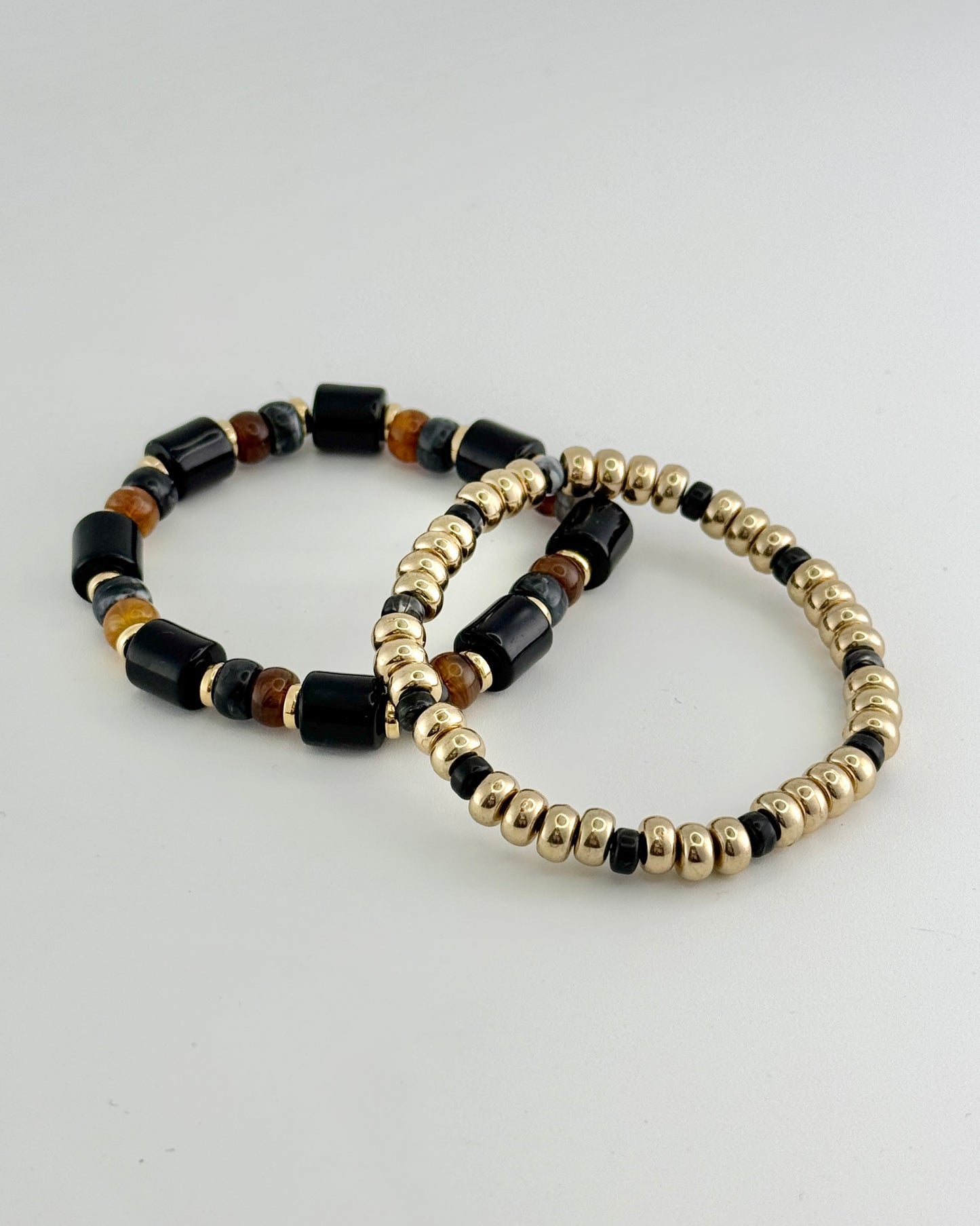 Set Of 2 Black & Gold Stretch Bracelet
