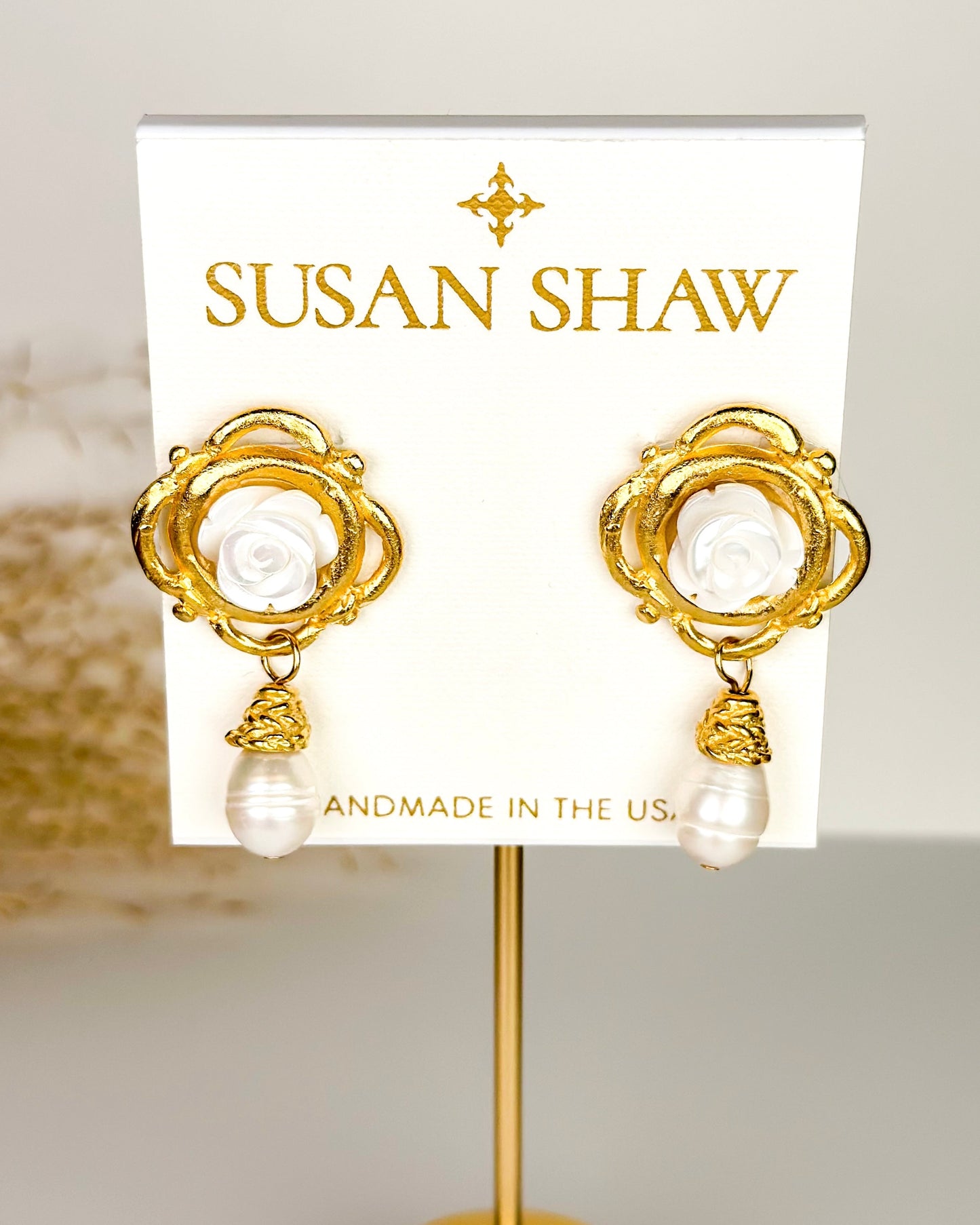 Susan Shaw White Rose & Pearl Drop Earrings