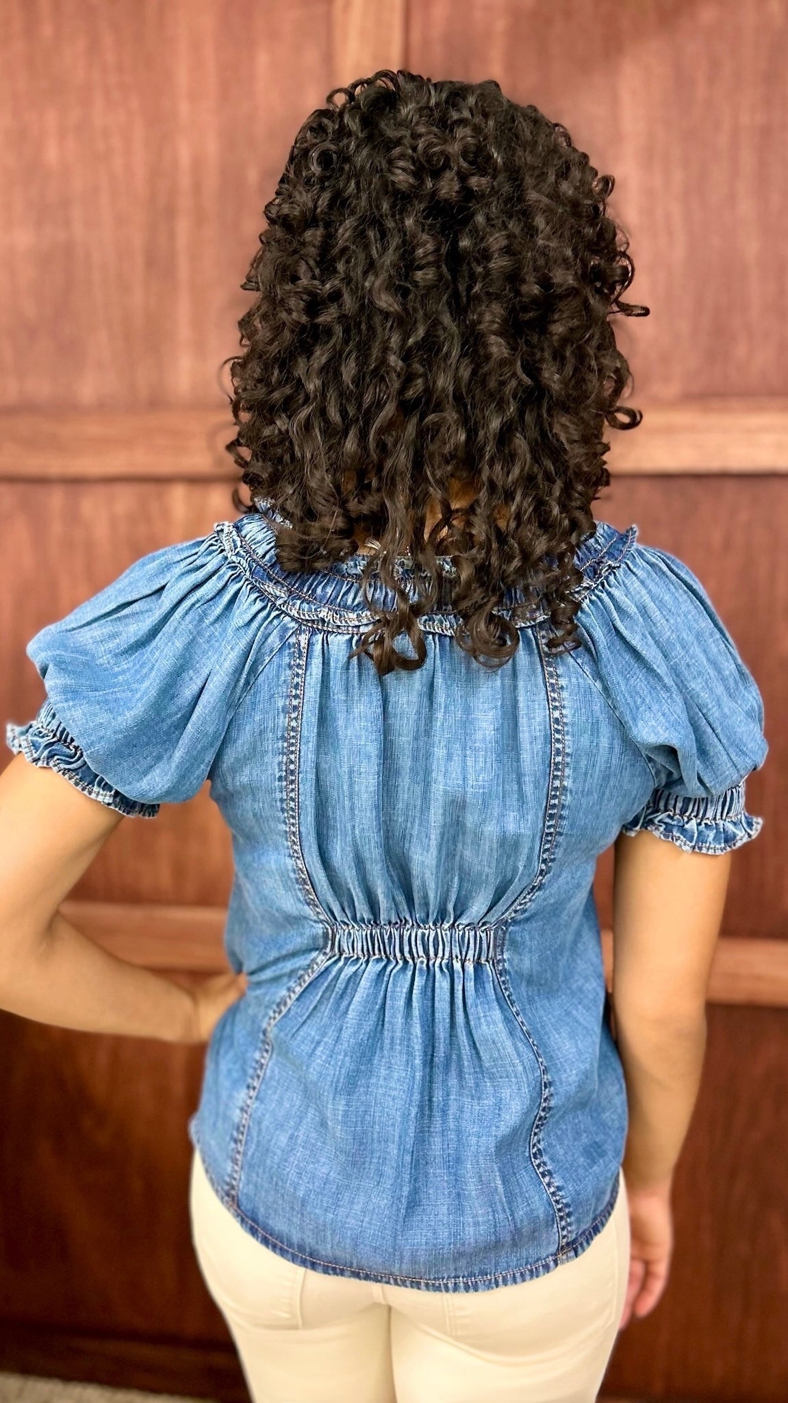 Ivy Jane Denim Ruffled Neck Top
