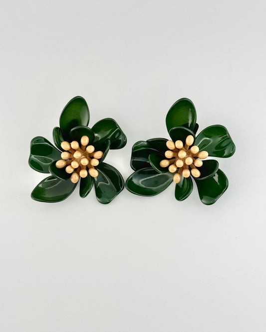 Resin Flower Statement Earrings - Green