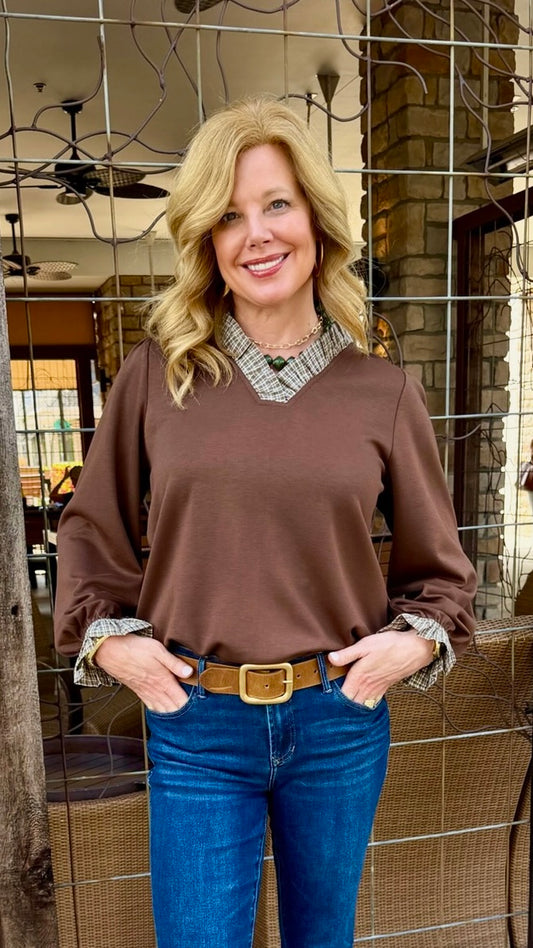 Ines Long Sleeve Top With Plaid Neck - Brown