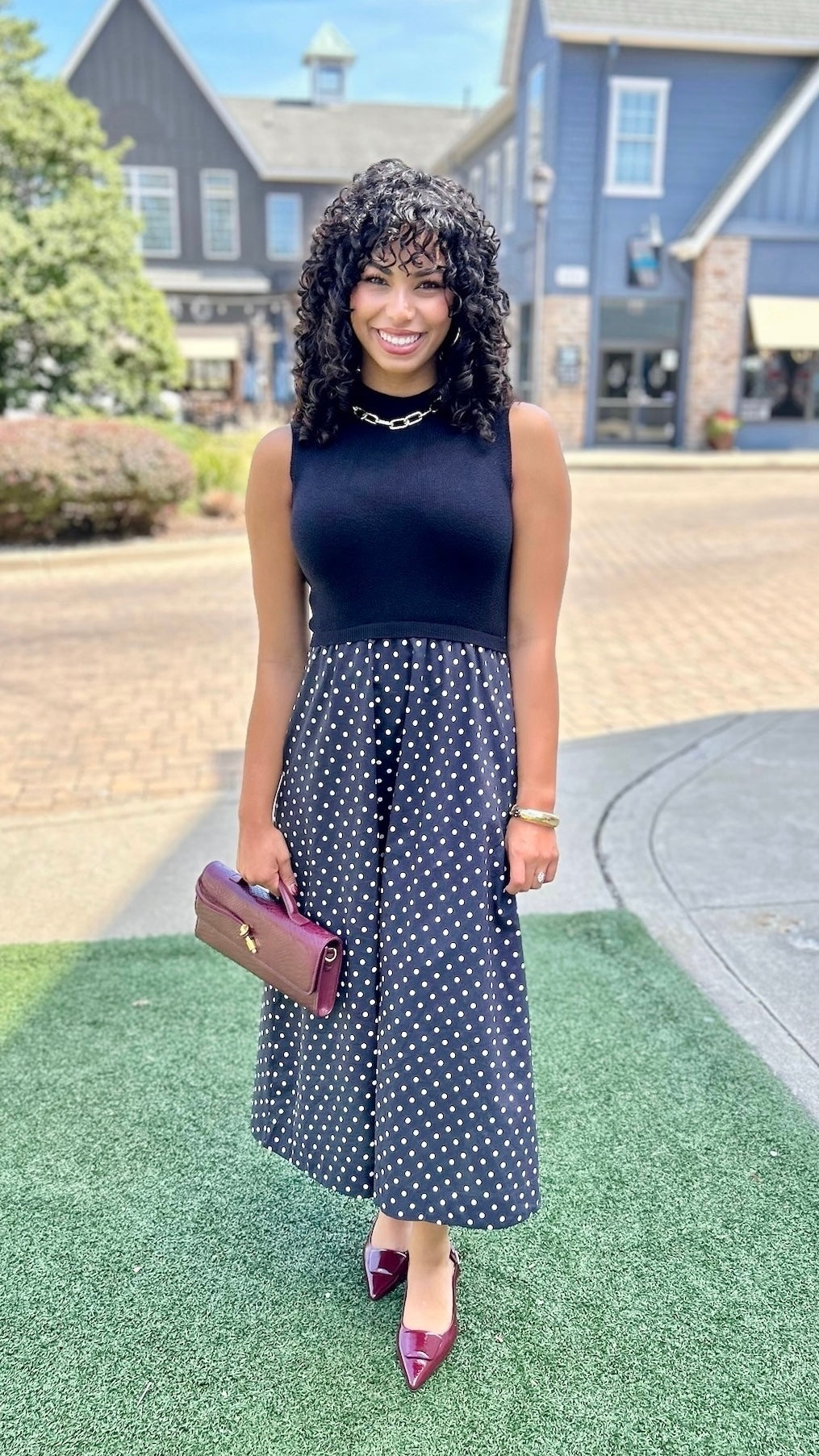 Polka Dot Sweater Top  Dress -Black
