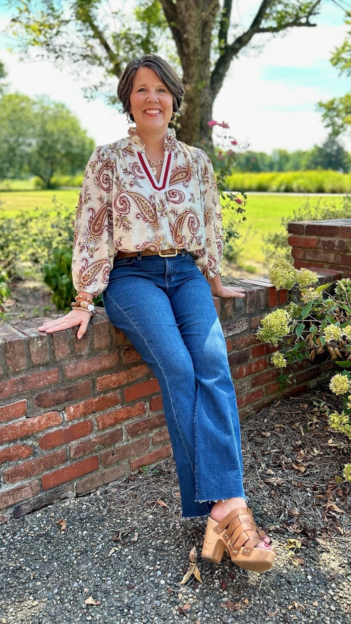 Scarlett Paisley Top - Ivory & Burgundy Mix