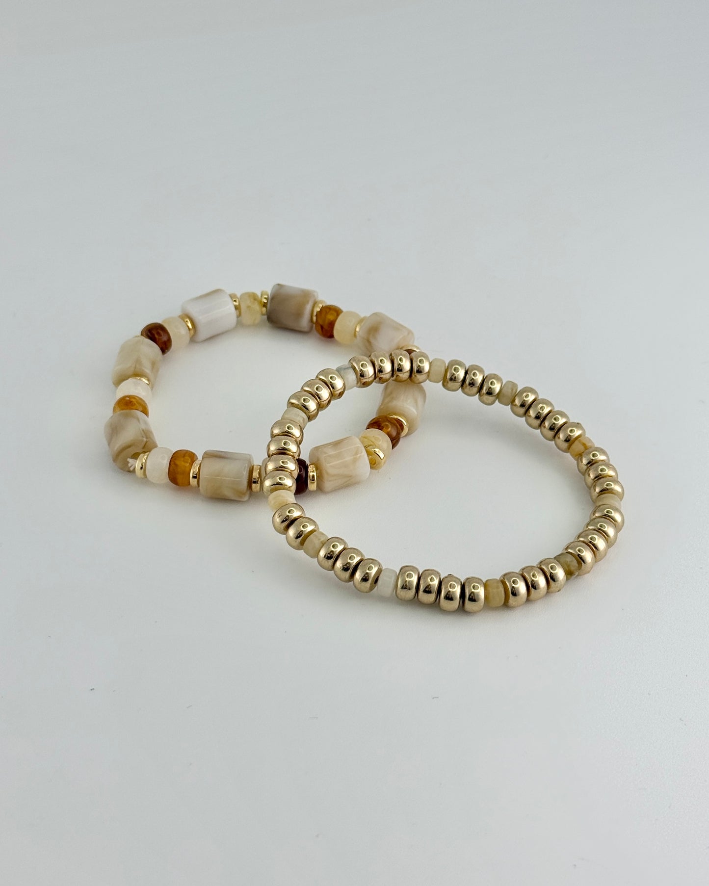 Set of 2 Beige & Gold Stretch Bracelet