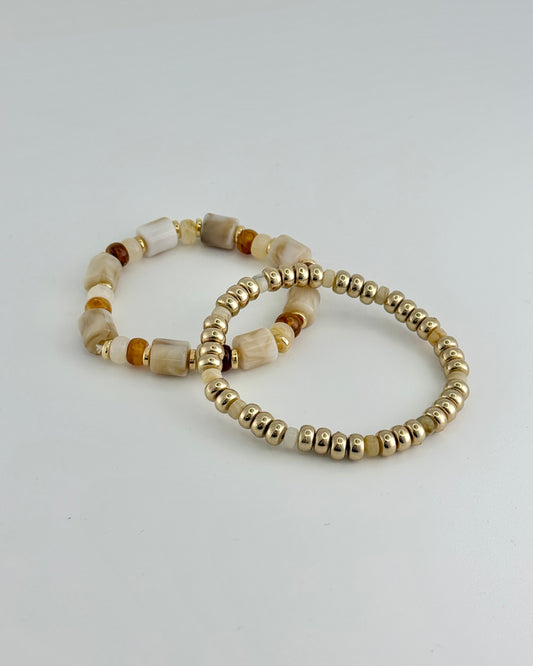 Set of 2 Beige & Gold Stretch Bracelet