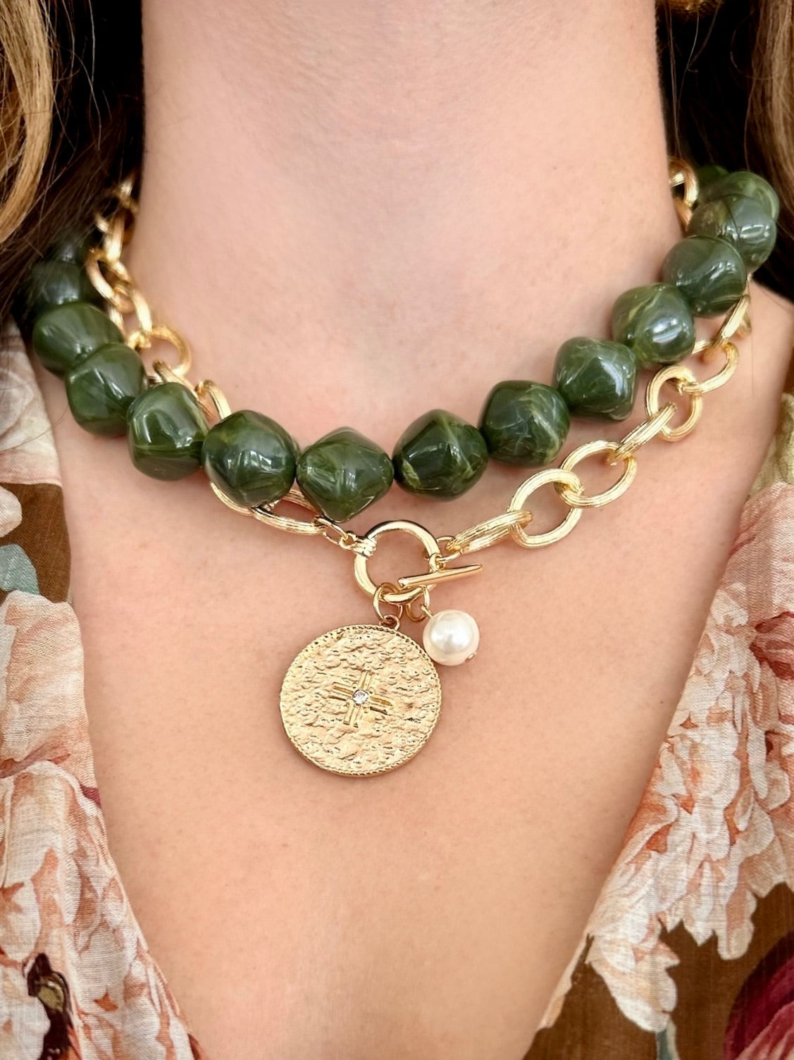 Pearl Charm & Cross Pendant Necklace