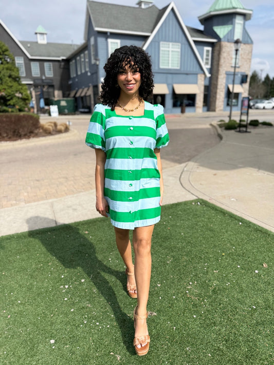 Tatum Stripe Dress - Green & Sky Blue