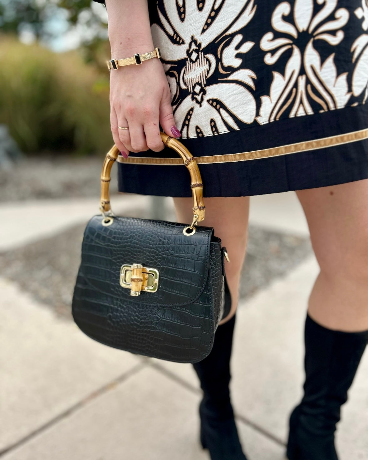 Bamboo Handle Black Leather Bag