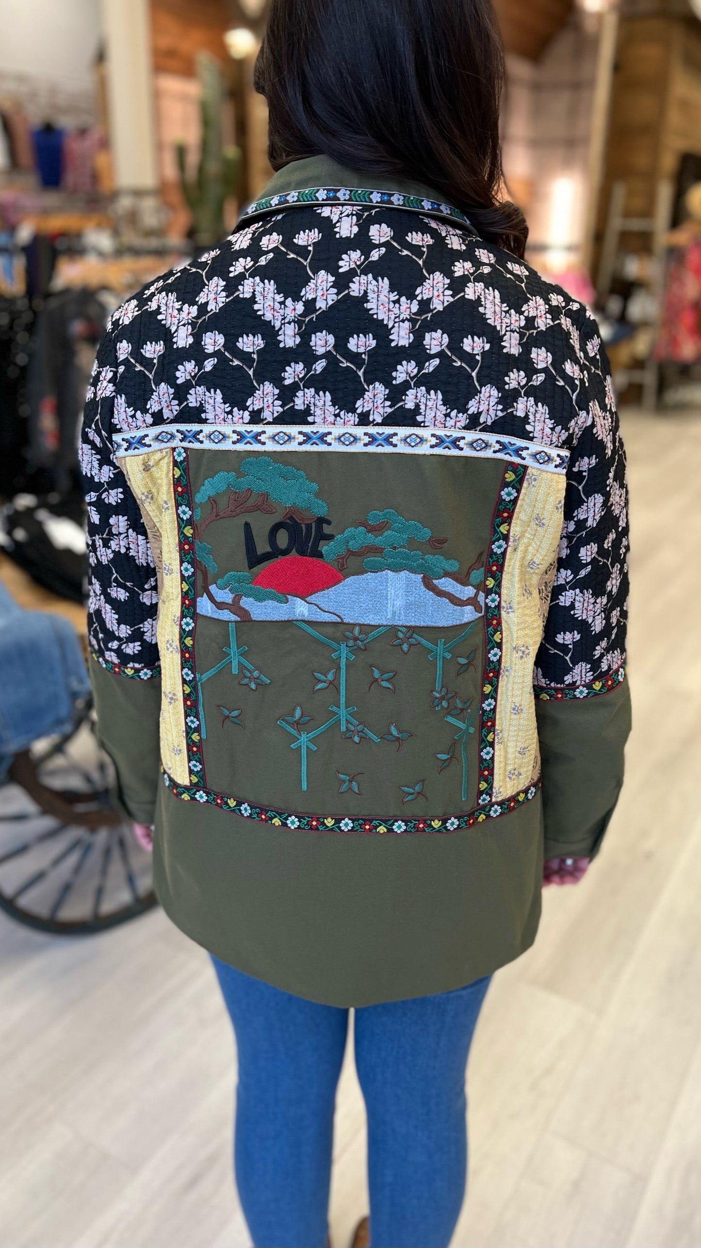 Quilted Floral Patchwork Jacket - Army Green