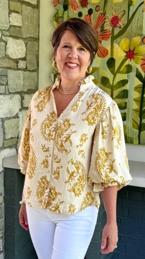 Daniella Button Up Blouse - Ivory & Mustard